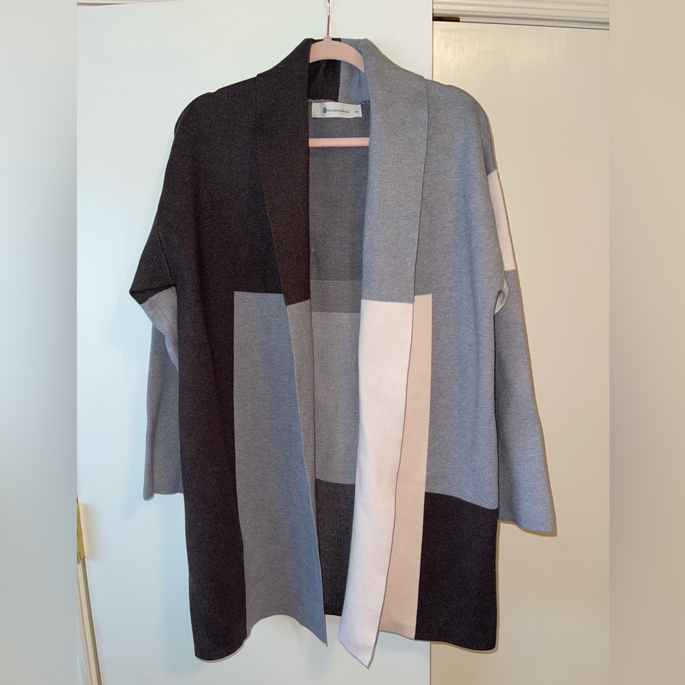 Impeccable Pig NWT block print knit cardigan, medium, gray cream brown